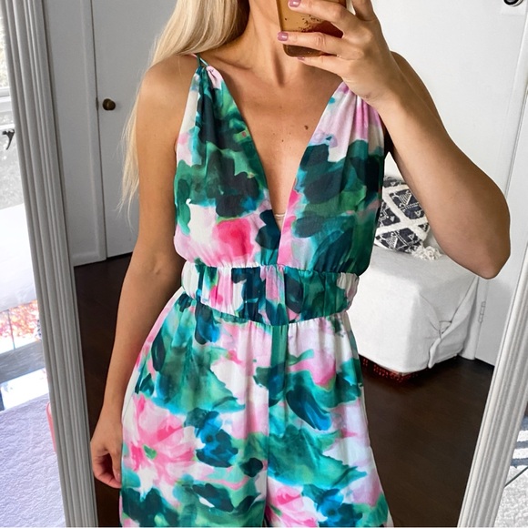 🦚 ZARA BOHO GREEN PINK MULTI FLORAL WIDE LEG JUMPSUIT! - Picture 5 of 16